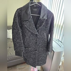 Mackage Black Tweed Leather Trim Coat Size M